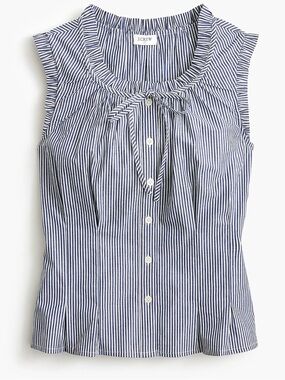 J. Crew Navy and White Striped Ruffle-Tie Sleeveless Blouse